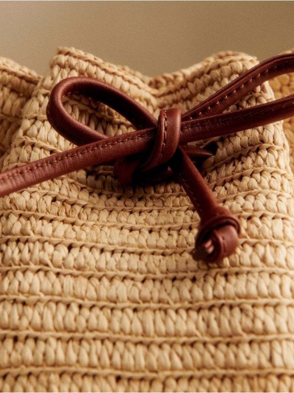 Sezane Straw Tote with Brown Leather Drawstring